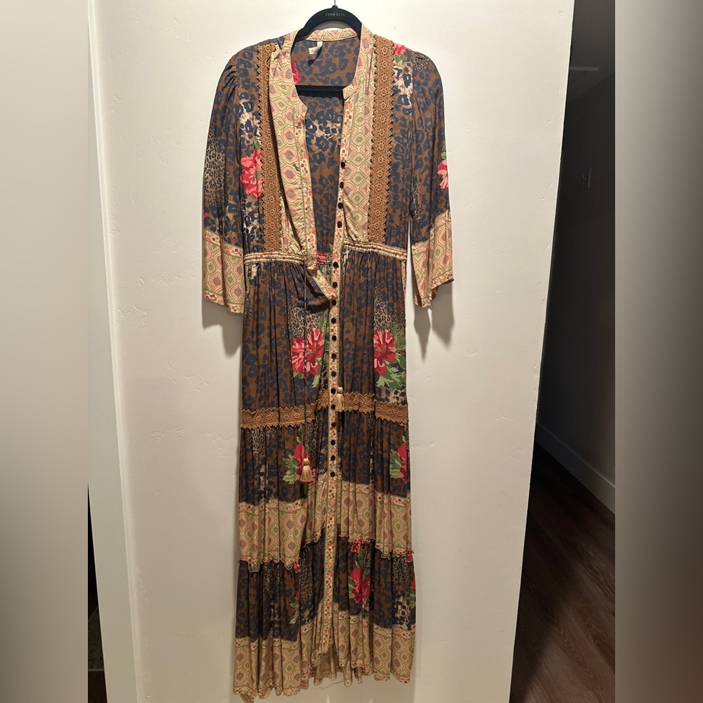 Bohemian Floral Long Sleeve Maxi Dress - Brown/Tan with Red Floral